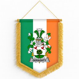 ScotsTee Shop Irish Geraghty or McGarrity Coat of Arms Ireland Flag and Irish Family Crest Green, White and Orange Wall Hanging Banner Gonfalon