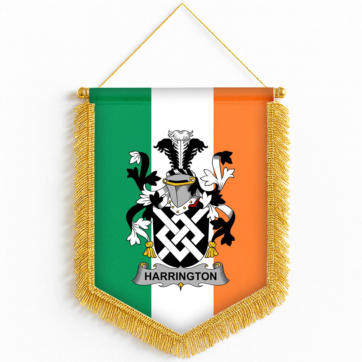 ScotsTee Shop Irish Harrington Coat of Arms Ireland Flag and Irish Family Crest Green, White and Orange Wall Hanging Banner Gonfalon