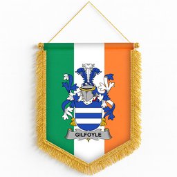 ScotsTee Shop Irish Gilfoyle or McGilfoyle Coat of Arms Ireland Flag and Irish Family Crest Green, White and Orange Wall Hanging Banner Gonfalon