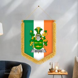 ScotsTee Shop Irish McCain or O'Kane Coat of Arms Ireland Flag and Irish Family Crest Green, White and Orange Wall Hanging Banner Gonfalon