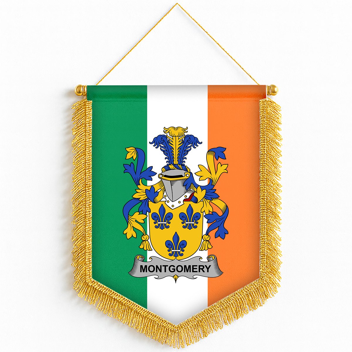 ScotsTee Shop Irish Montgomery Coat of Arms Ireland Flag and Irish Family Crest Green, White and Orange Wall Hanging Banner Gonfalon