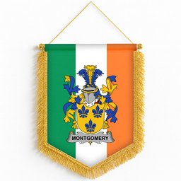 ScotsTee Shop Irish Montgomery Coat of Arms Ireland Flag and Irish Family Crest Green, White and Orange Wall Hanging Banner Gonfalon