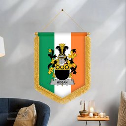 ScotsTee Shop Irish Hogan or O'Hogan Coat of Arms Ireland Flag and Irish Family Crest Green, White and Orange Wall Hanging Banner Gonfalon