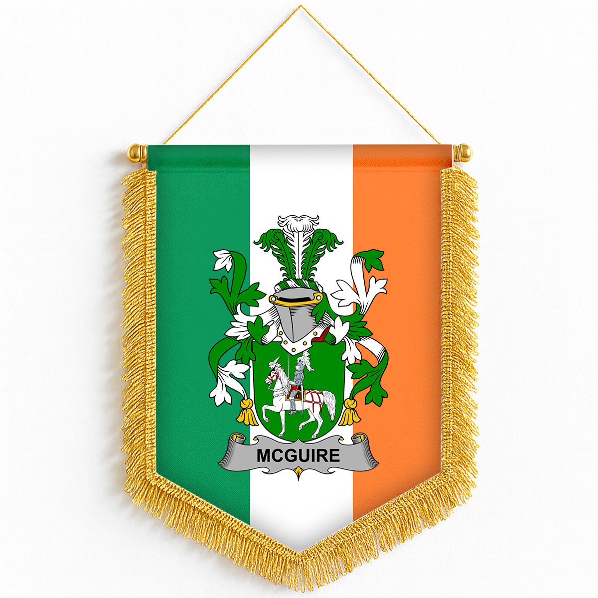 ScotsTee Shop Irish McGuire and Maguire Coat of Arms Ireland Flag and Irish Family Crest Green, White and Orange Wall Hanging Banner Gonfalon