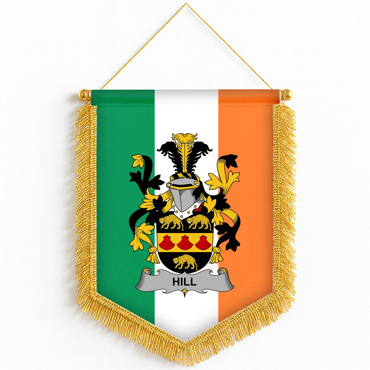 ScotsTee Shop Irish Hill Coat of Arms Ireland Flag and Irish Family Crest Green, White and Orange Wall Hanging Banner Gonfalon