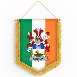 ScotsTee Shop Irish Lenihan or O'Lenaghan Coat of Arms Ireland Flag and Irish Family Crest Green, White and Orange Wall Hanging Banner Gonfalon