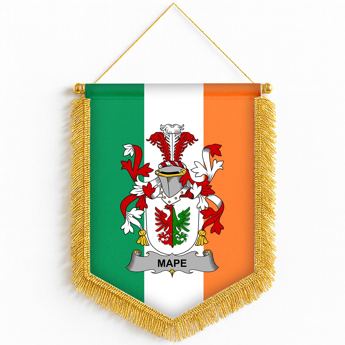 ScotsTee Shop Irish Mape Coat of Arms Ireland Flag and Irish Family Crest Green, White and Orange Wall Hanging Banner Gonfalon