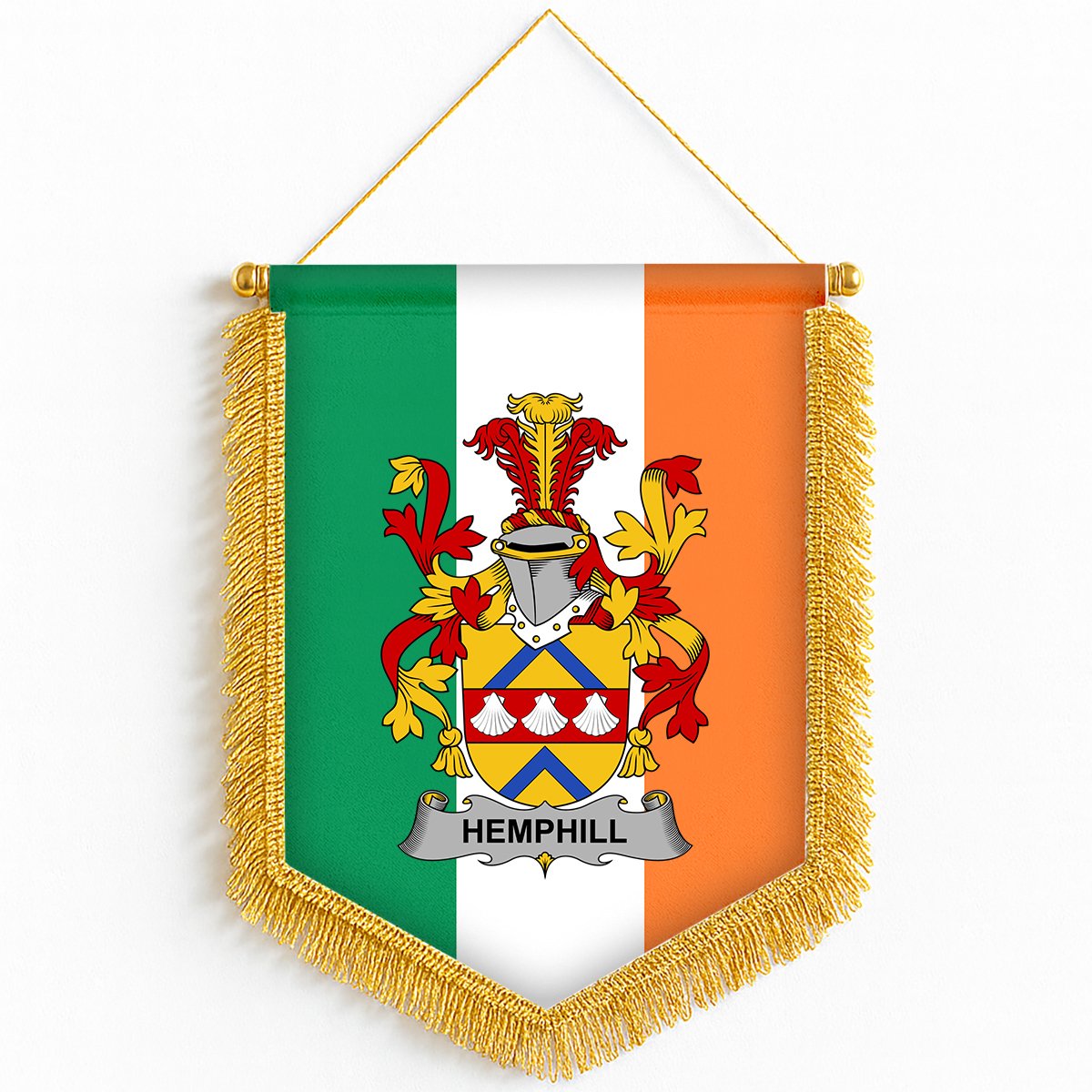 ScotsTee Shop Irish Hemphill Coat of Arms Ireland Flag and Irish Family Crest Green, White and Orange Wall Hanging Banner Gonfalon