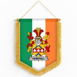 ScotsTee Shop Irish Hemphill Coat of Arms Ireland Flag and Irish Family Crest Green, White and Orange Wall Hanging Banner Gonfalon