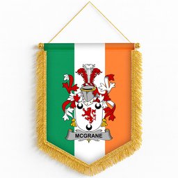 ScotsTee Shop Irish McGrane or McGrann Coat of Arms Ireland Flag and Irish Family Crest Green, White and Orange Wall Hanging Banner Gonfalon