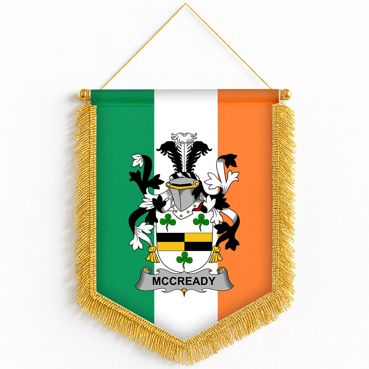 ScotsTee Shop Irish McCready or McCreadie Coat of Arms Ireland Flag and Irish Family Crest Green, White and Orange Wall Hanging Banner Gonfalon