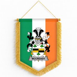 ScotsTee Shop Irish McCready or McCreadie Coat of Arms Ireland Flag and Irish Family Crest Green, White and Orange Wall Hanging Banner Gonfalon