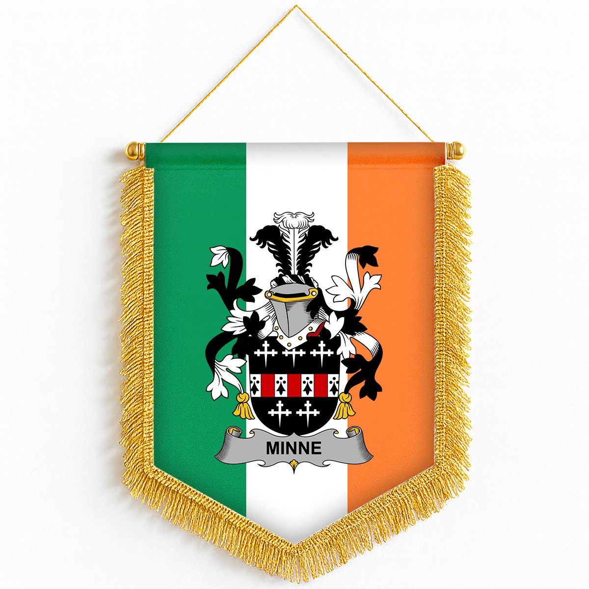 ScotsTee Shop Irish Minne Coat of Arms Ireland Flag and Irish Family Crest Green, White and Orange Wall Hanging Banner Gonfalon