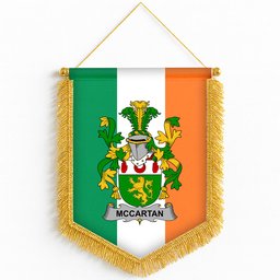 ScotsTee Shop Irish McCartan Coat of Arms Ireland Flag and Irish Family Crest Green, White and Orange Wall Hanging Banner Gonfalon
