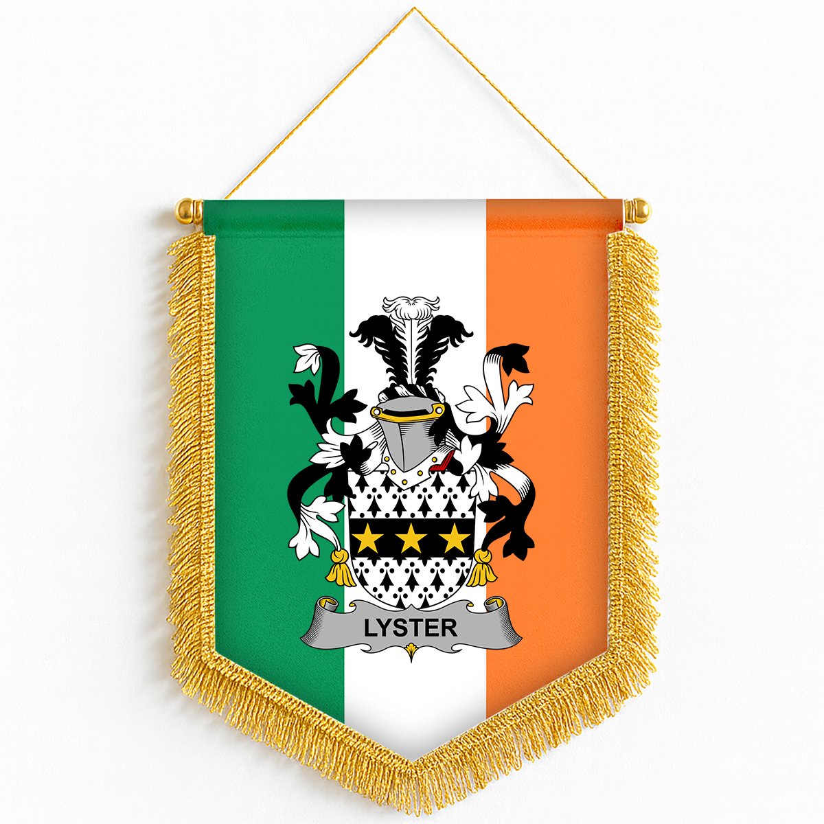 ScotsTee Shop Irish Lyster Coat of Arms Ireland Flag and Irish Family Crest Green, White and Orange Wall Hanging Banner Gonfalon