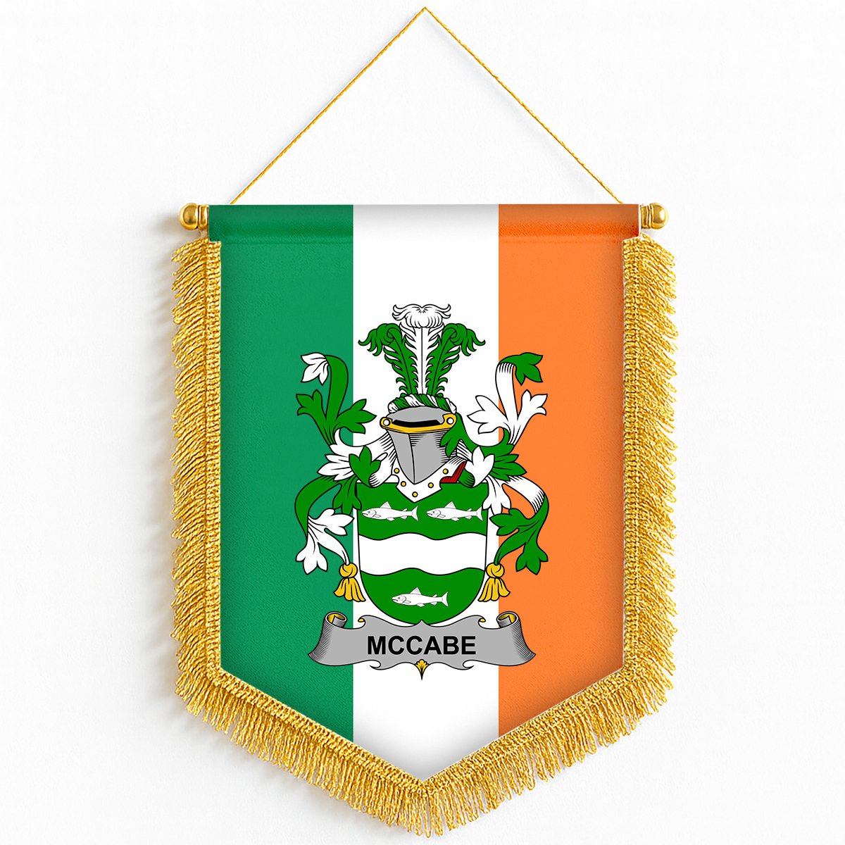 ScotsTee Shop Irish McCabe Coat of Arms Ireland Flag and Irish Family Crest Green, White and Orange Wall Hanging Banner Gonfalon
