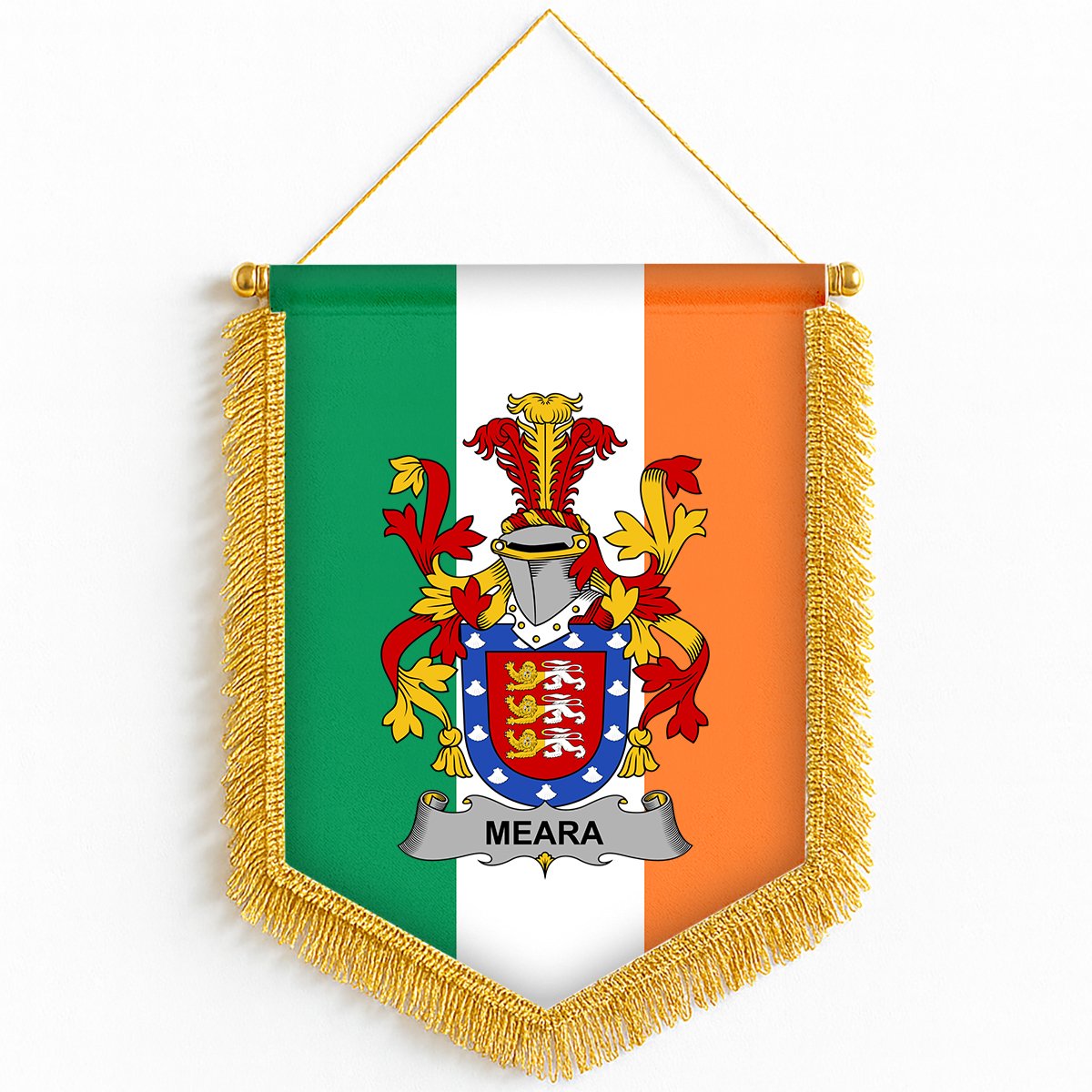 ScotsTee Shop Irish Meara or O'Mara Coat of Arms Ireland Flag and Irish Family Crest Green, White and Orange Wall Hanging Banner Gonfalon