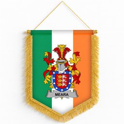 ScotsTee Shop Irish Meara or O'Mara Coat of Arms Ireland Flag and Irish Family Crest Green, White and Orange Wall Hanging Banner Gonfalon