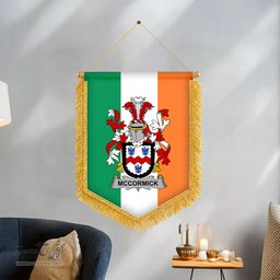 ScotsTee Shop Irish McCormick Coat of Arms Ireland Flag and Irish Family Crest Green, White and Orange Wall Hanging Banner Gonfalon