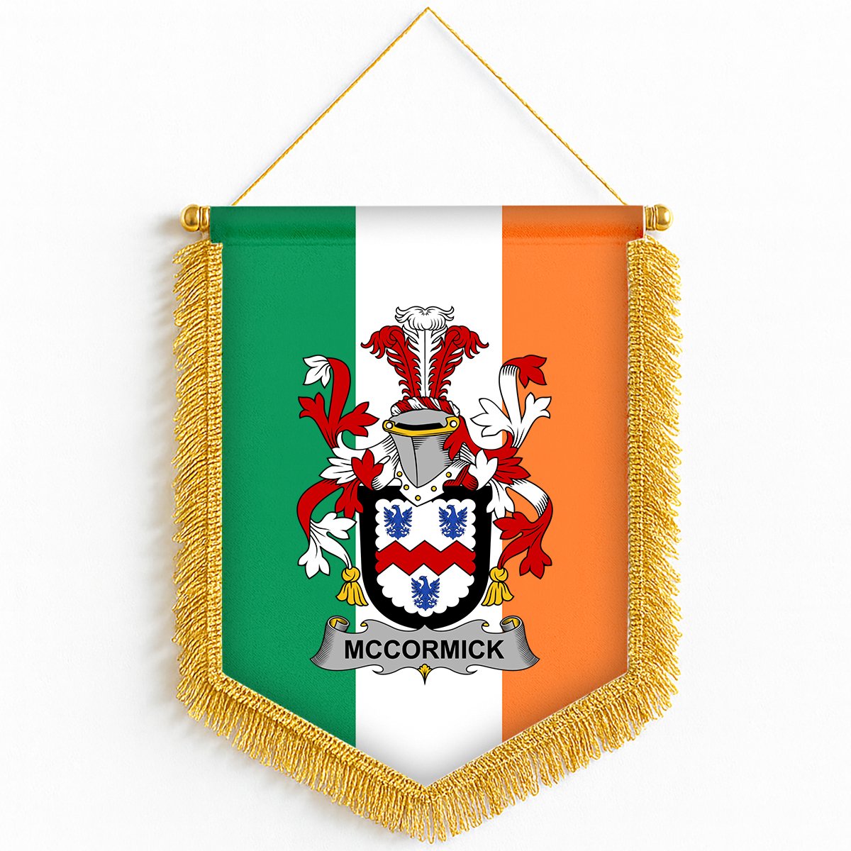 ScotsTee Shop Irish McCormick Coat of Arms Ireland Flag and Irish Family Crest Green, White and Orange Wall Hanging Banner Gonfalon