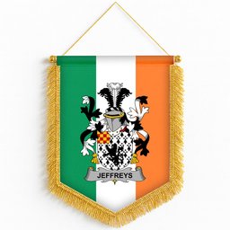 ScotsTee Shop Irish Jeffreys Coat of Arms Ireland Flag and Irish Family Crest Green, White and Orange Wall Hanging Banner Gonfalon