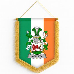 ScotsTee Shop Irish McNulty Coat of Arms Ireland Flag and Irish Family Crest Green, White and Orange Wall Hanging Banner Gonfalon