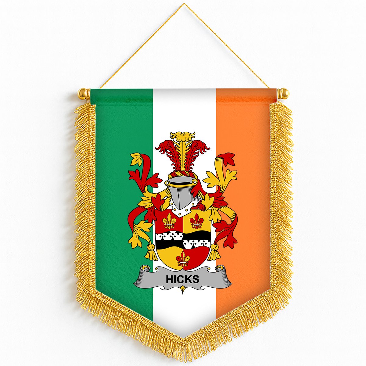 ScotsTee Shop Irish Hicks Coat of Arms Ireland Flag and Irish Family Crest Green, White and Orange Wall Hanging Banner Gonfalon