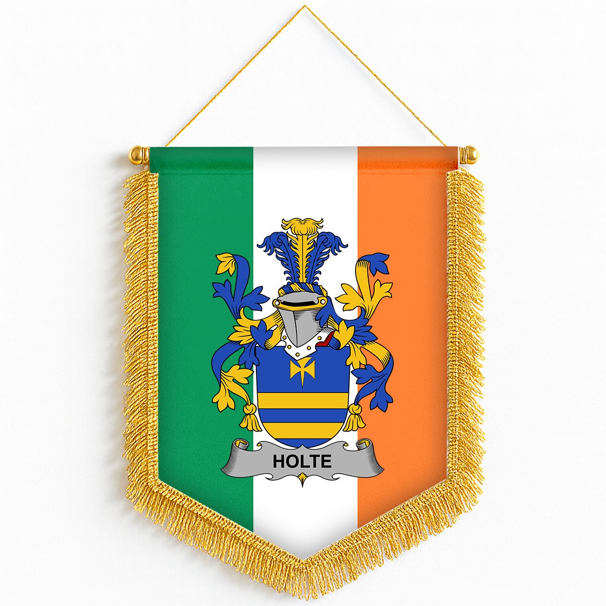 ScotsTee Shop Irish Holte or Holt Coat of Arms Ireland Flag and Irish Family Crest Green, White and Orange Wall Hanging Banner Gonfalon