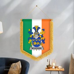 ScotsTee Shop Irish McGovern or McGauran Coat of Arms Ireland Flag and Irish Family Crest Green, White and Orange Wall Hanging Banner Gonfalon
