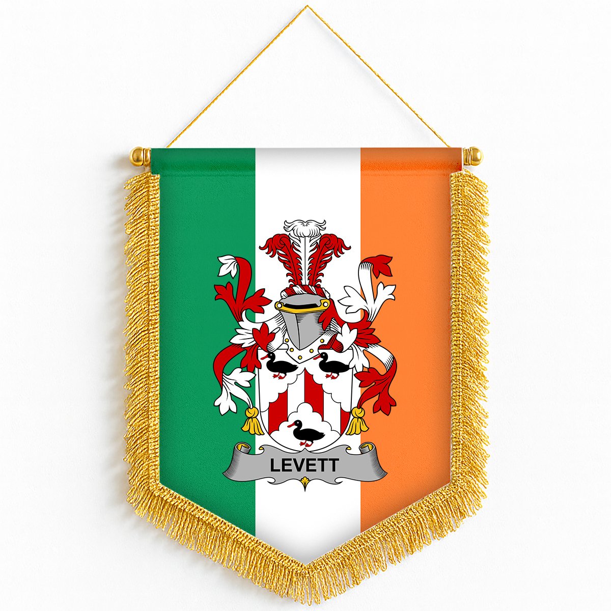 ScotsTee Shop Irish Levett or Lyvett Coat of Arms Ireland Flag and Irish Family Crest Green, White and Orange Wall Hanging Banner Gonfalon