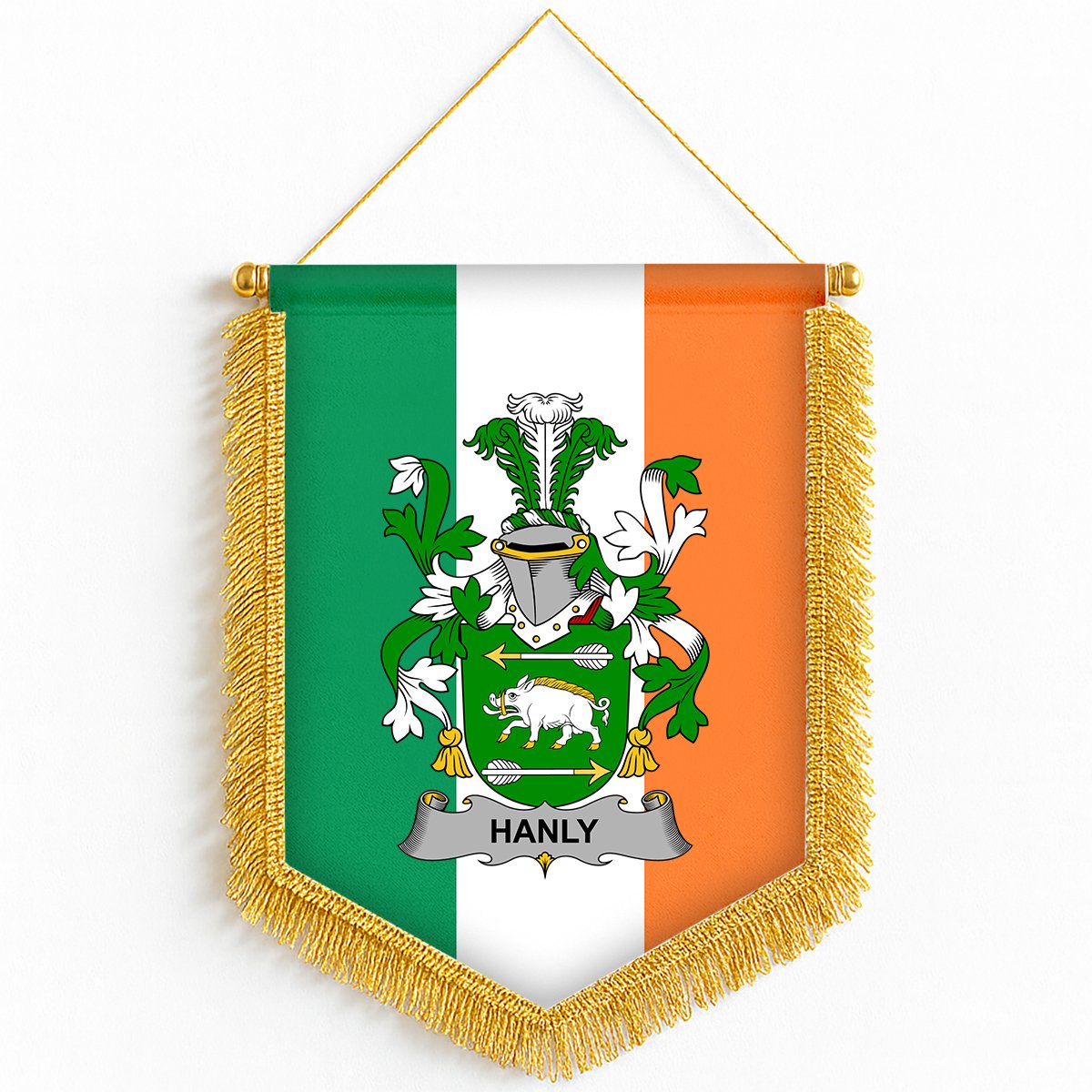 ScotsTee Shop Irish Hanly or O'Hanley Coat of Arms Ireland Flag and Irish Family Crest Green, White and Orange Wall Hanging Banner Gonfalon