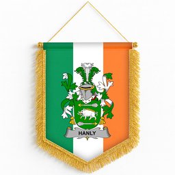 ScotsTee Shop Irish Hanly or O'Hanley Coat of Arms Ireland Flag and Irish Family Crest Green, White and Orange Wall Hanging Banner Gonfalon