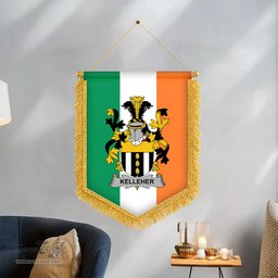 ScotsTee Shop Irish Kelleher or O'Kelleher Coat of Arms Ireland Flag and Irish Family Crest Green, White and Orange Wall Hanging Banner Gonfalon