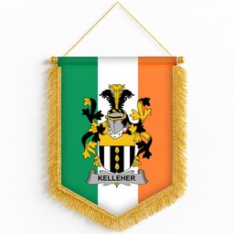 ScotsTee Shop Irish Kelleher or O'Kelleher Coat of Arms Ireland Flag and Irish Family Crest Green, White and Orange Wall Hanging Banner Gonfalon