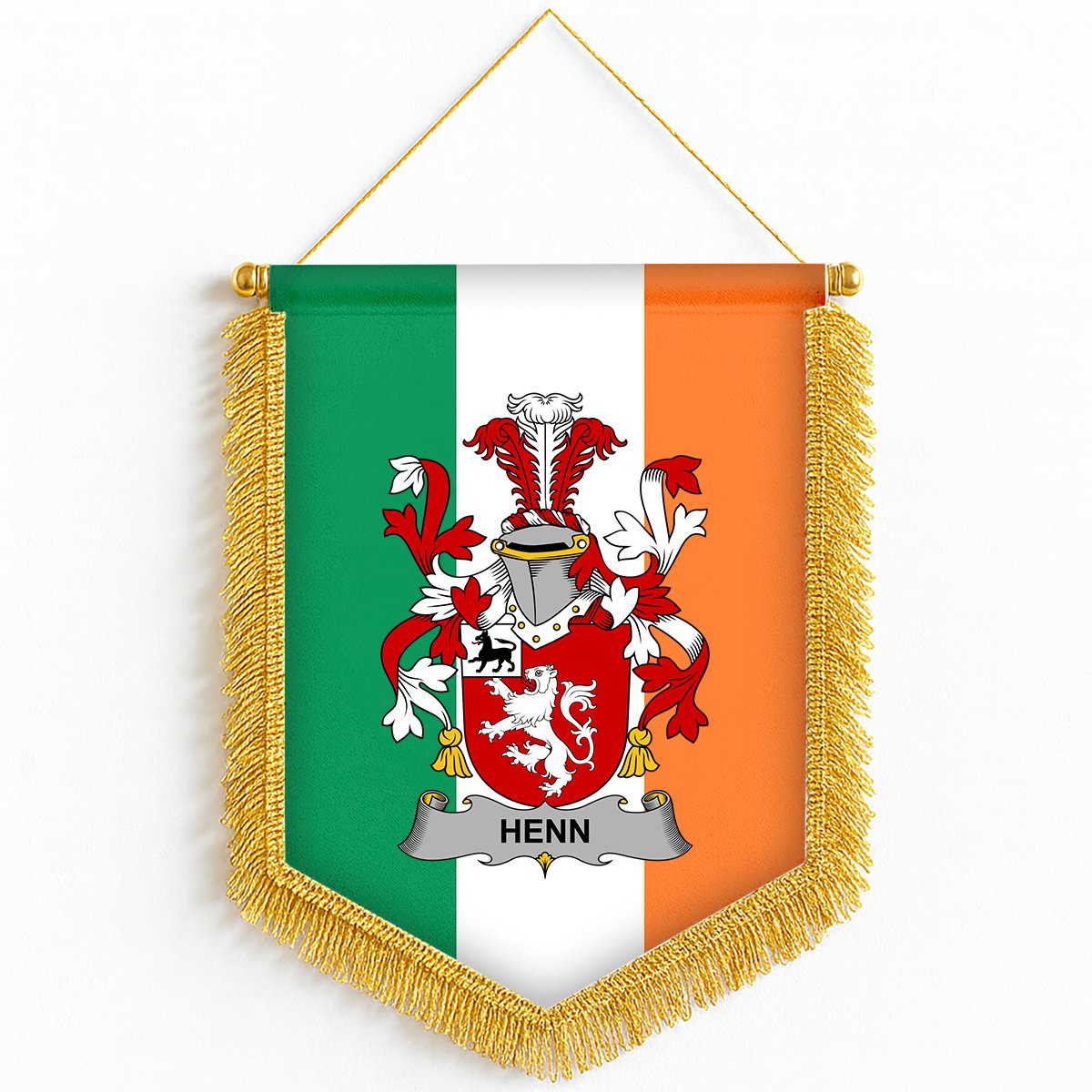 ScotsTee Shop Irish Henn Coat of Arms Ireland Flag and Irish Family Crest Green, White and Orange Wall Hanging Banner Gonfalon