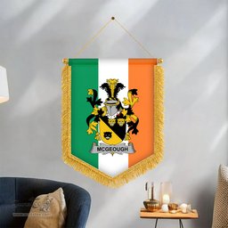 ScotsTee Shop Irish McGeough or McGough Coat of Arms Ireland Flag and Irish Family Crest Green, White and Orange Wall Hanging Banner Gonfalon