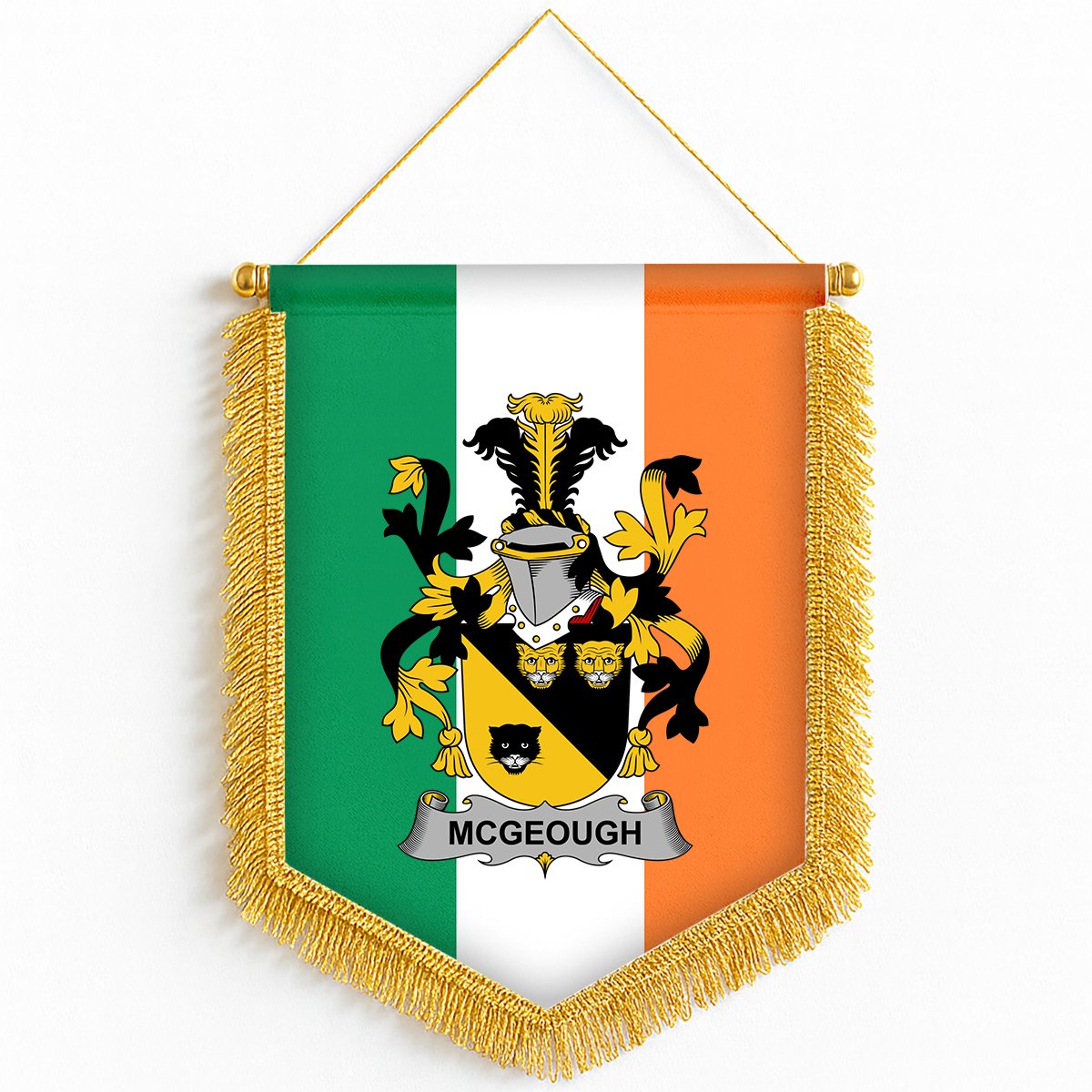 ScotsTee Shop Irish McGeough or McGough Coat of Arms Ireland Flag and Irish Family Crest Green, White and Orange Wall Hanging Banner Gonfalon