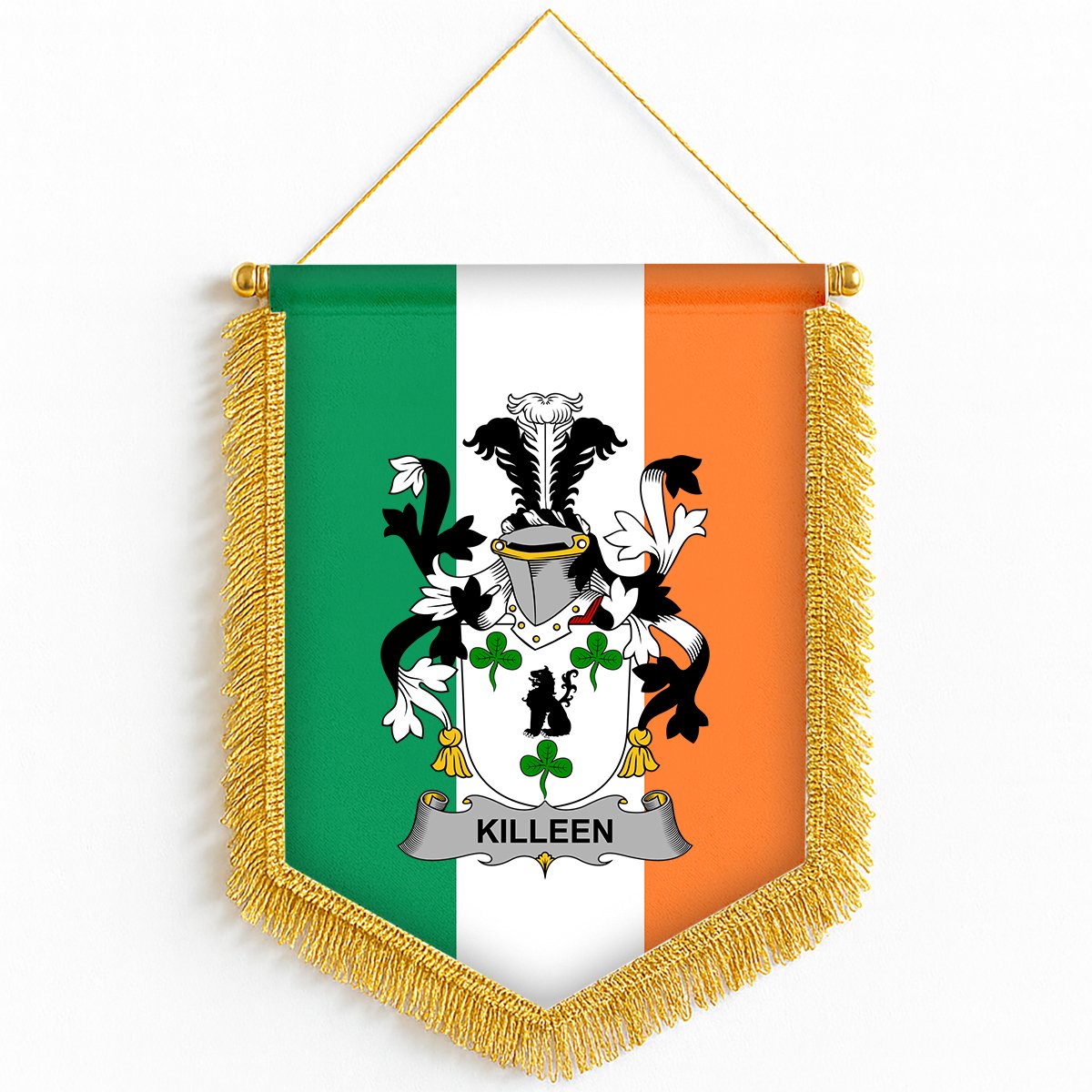 ScotsTee Shop Irish Killeen or O'Killeen Coat of Arms Ireland Flag and Irish Family Crest Green, White and Orange Wall Hanging Banner Gonfalon
