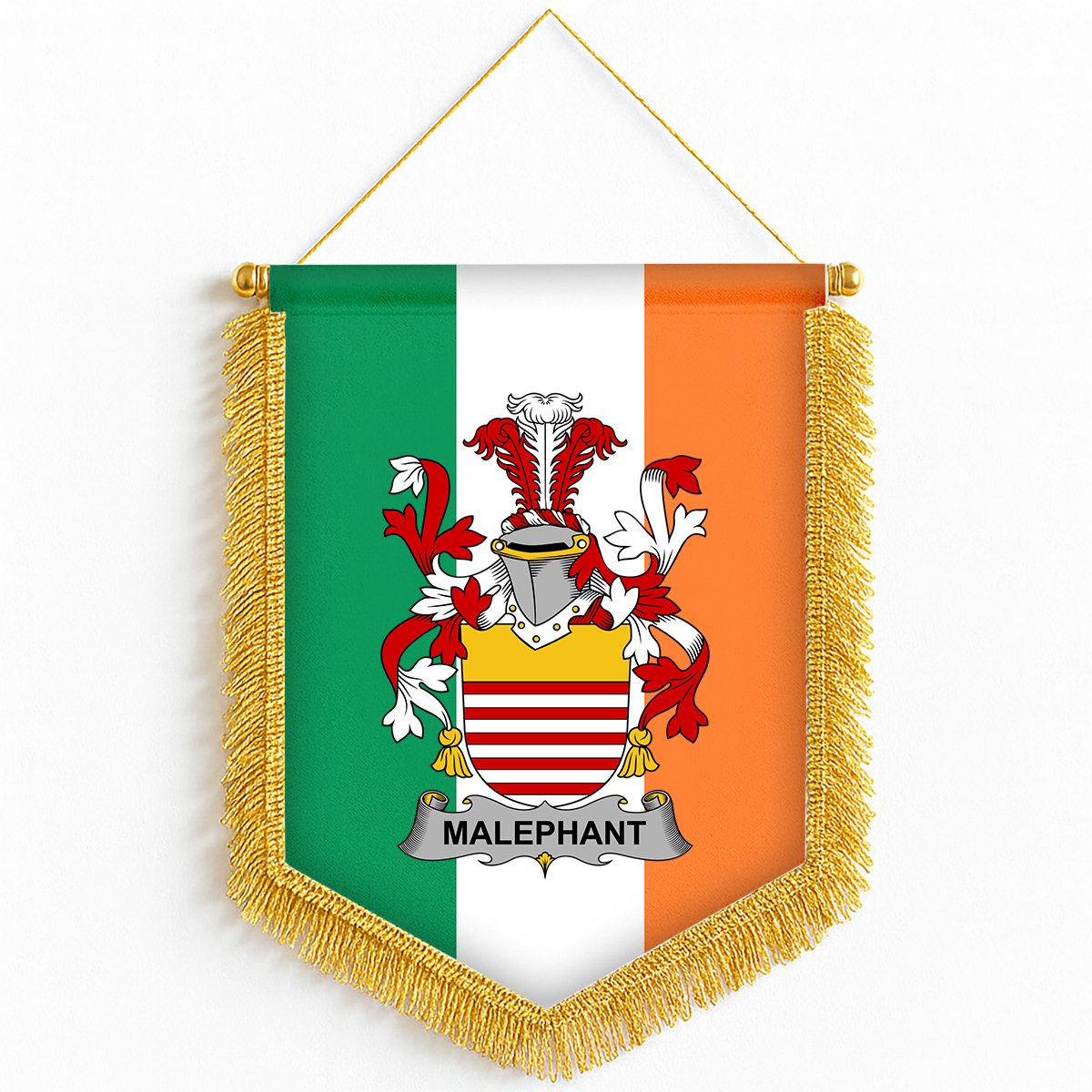 ScotsTee Shop Irish Malaphant Coat of Arms Ireland Flag and Irish Family Crest Green, White and Orange Wall Hanging Banner Gonfalon