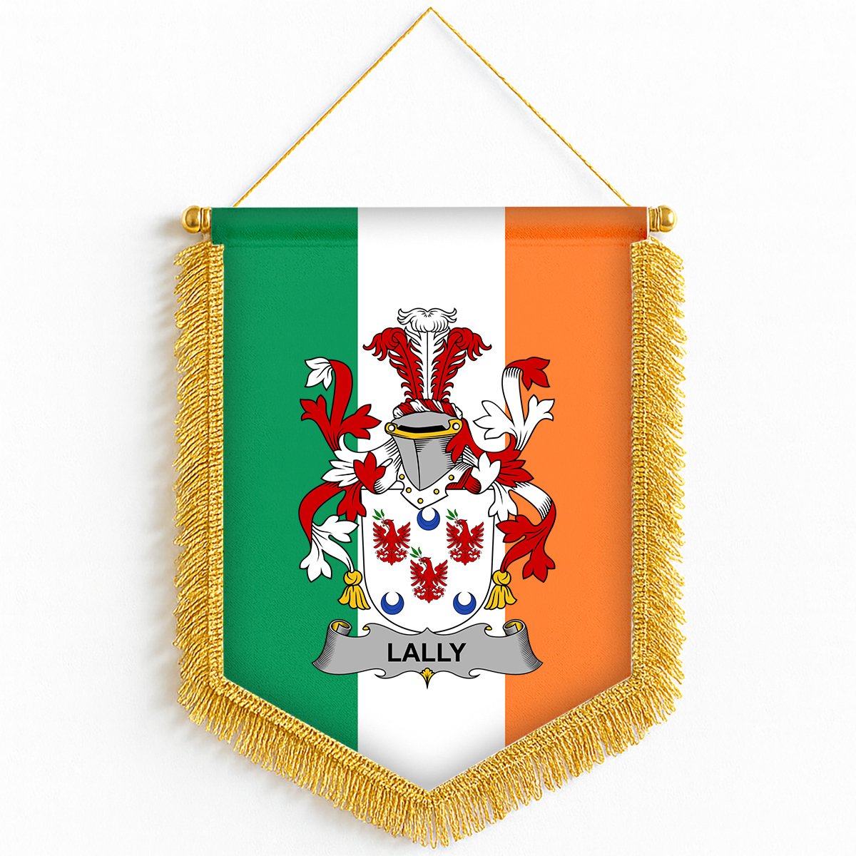 ScotsTee Shop Irish Lally or O'Mullally Coat of Arms Ireland Flag and Irish Family Crest Green, White and Orange Wall Hanging Banner Gonfalon