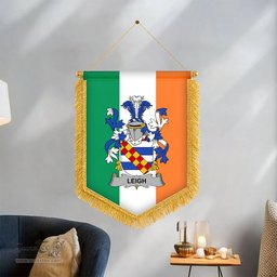 ScotsTee Shop Irish Leigh or McLaeghis Coat of Arms Ireland Flag and Irish Family Crest Green, White and Orange Wall Hanging Banner Gonfalon
