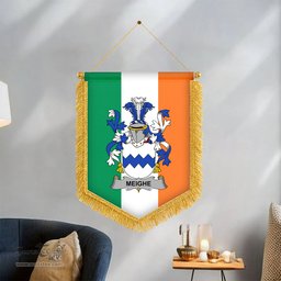 ScotsTee Shop Irish Meighe Coat of Arms Ireland Flag and Irish Family Crest Green, White and Orange Wall Hanging Banner Gonfalon