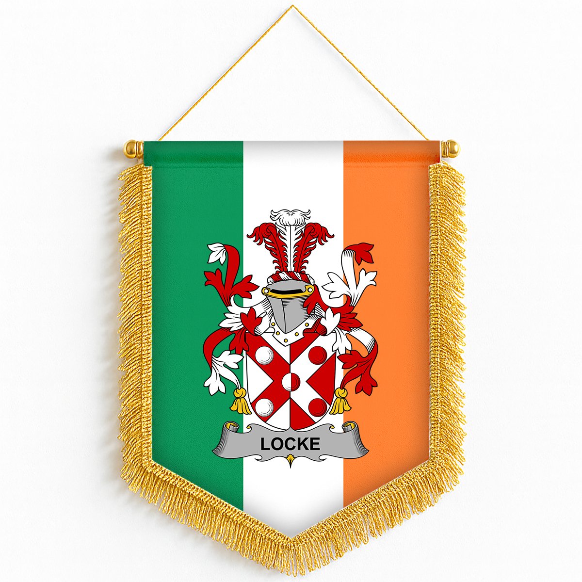 ScotsTee Shop Irish Locke Coat of Arms Ireland Flag and Irish Family Crest Green, White and Orange Wall Hanging Banner Gonfalon