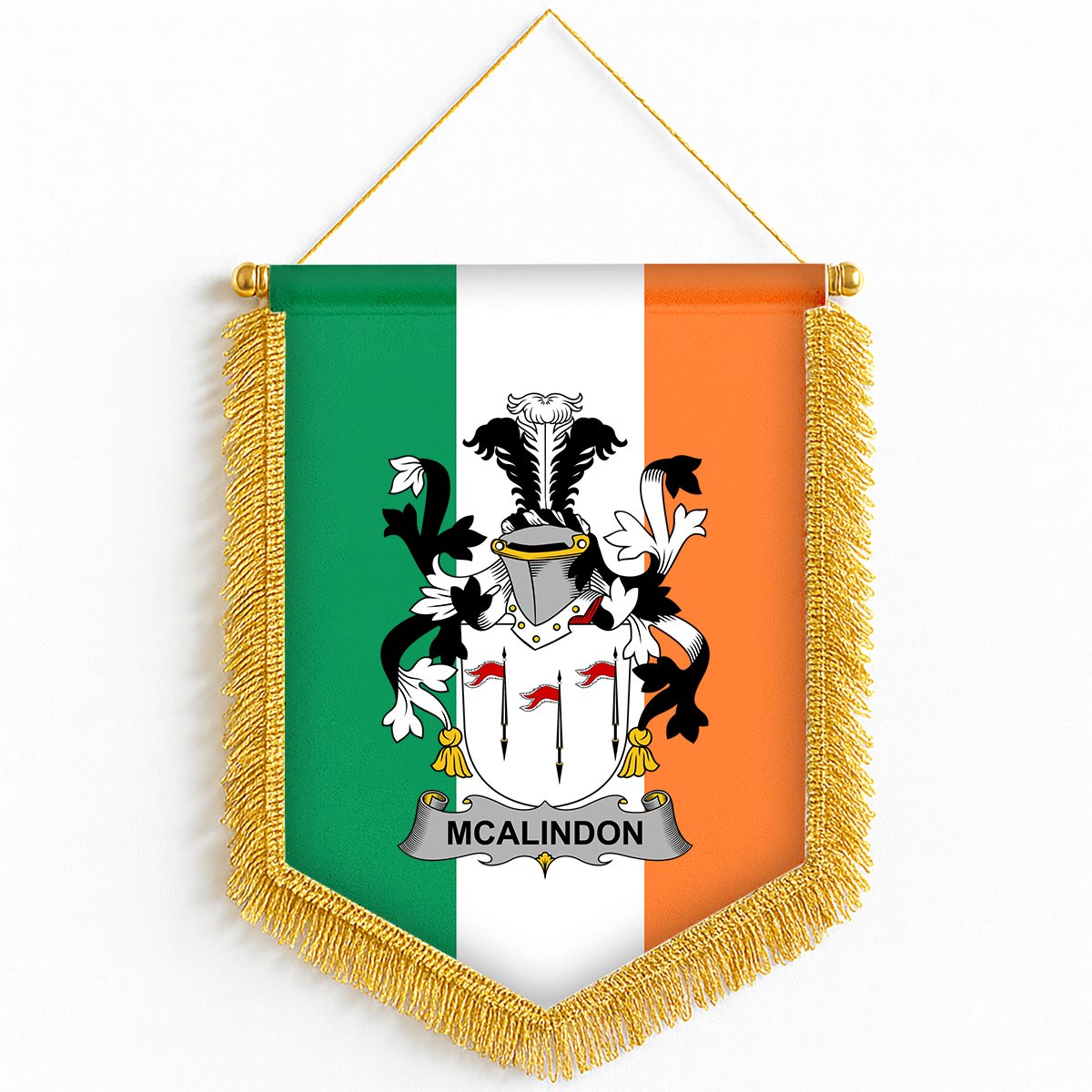 ScotsTee Shop Irish McAlindon or McAlindem Coat of Arms Ireland Flag and Irish Family Crest Green, White and Orange Wall Hanging Banner Gonfalon