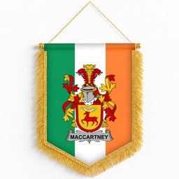 ScotsTee Shop Irish McCartney or MacCartney Coat of Arms Ireland Flag and Irish Family Crest Green, White and Orange Wall Hanging Banner Gonfalon