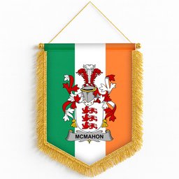 ScotsTee Shop Irish McMahon or McMahan Coat of Arms Ireland Flag and Irish Family Crest Green, White and Orange Wall Hanging Banner Gonfalon