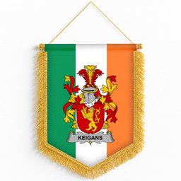 ScotsTee Shop Irish Keigans or McKeehan Coat of Arms Ireland Flag and Irish Family Crest Green, White and Orange Wall Hanging Banner Gonfalon