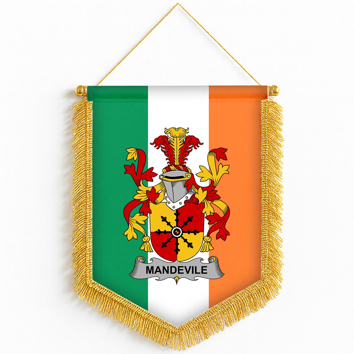 ScotsTee Shop Irish Mandevile Coat of Arms Ireland Flag and Irish Family Crest Green, White and Orange Wall Hanging Banner Gonfalon