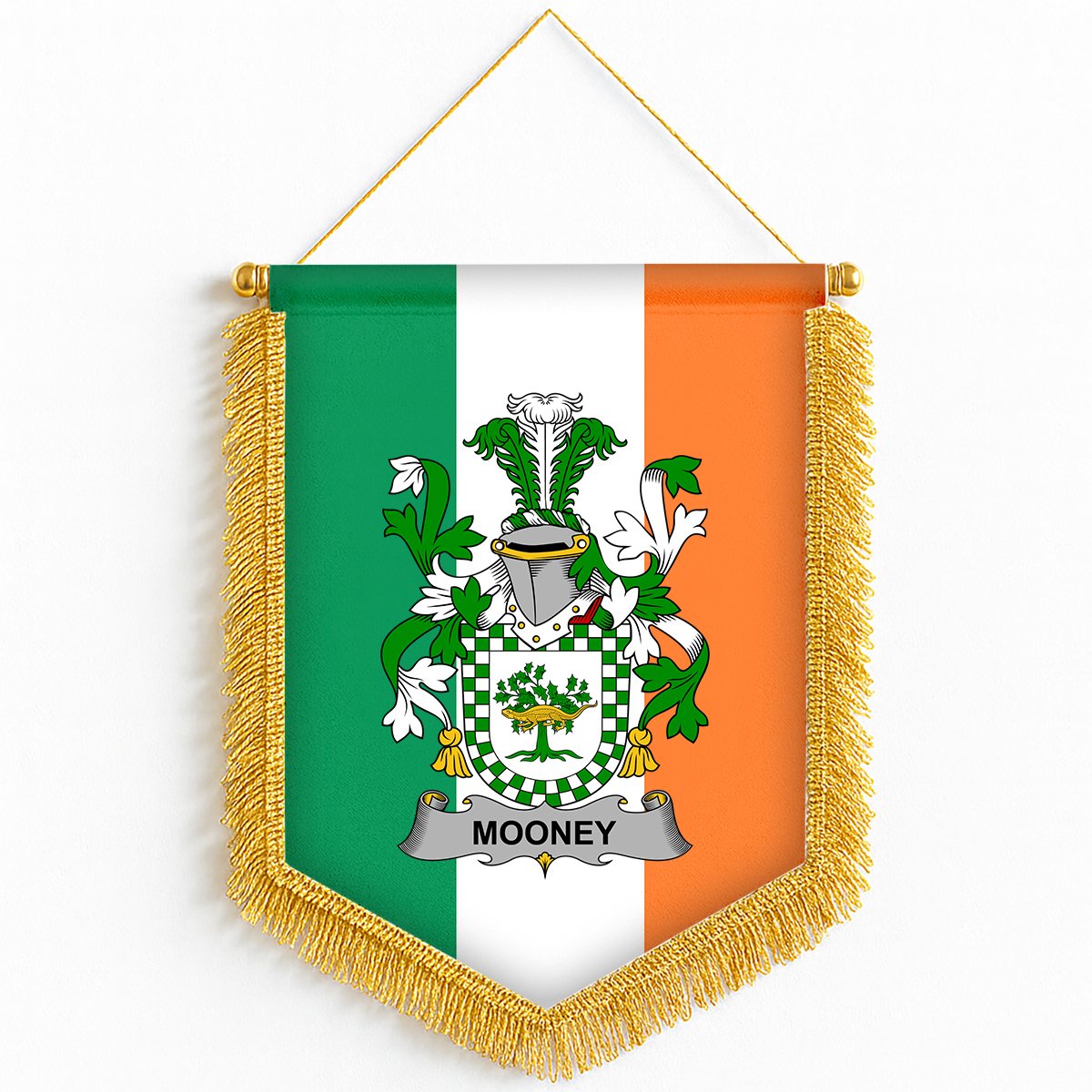 ScotsTee Shop Irish Mooney or O'Mooney Coat of Arms Ireland Flag and Irish Family Crest Green, White and Orange Wall Hanging Banner Gonfalon