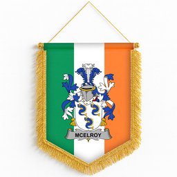ScotsTee Shop Irish McElroy or Gilroy Coat of Arms Ireland Flag and Irish Family Crest Green, White and Orange Wall Hanging Banner Gonfalon